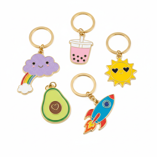 Colorful enamel keychains in fun shapes